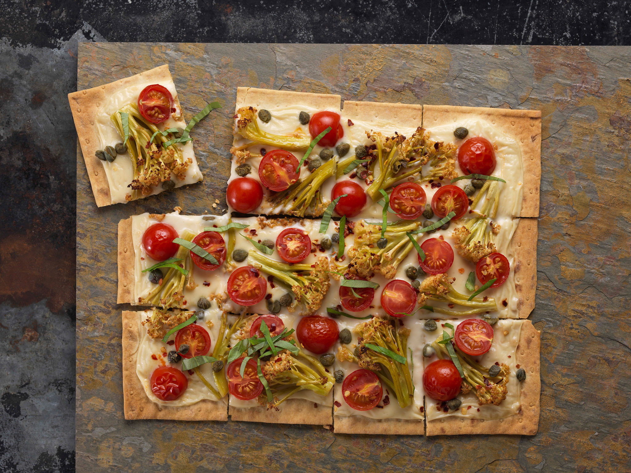 Smoked CAULILINI® baby cauliflower Lavash Flatbread with Goat Cheese Béchamel - Foodservice by Mann 