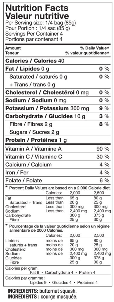 Mann's Butternut Squash Nutrition Panel