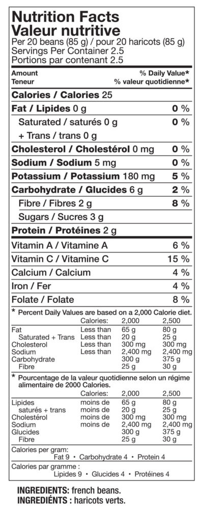 Mann's French Beans Nutrition Panel