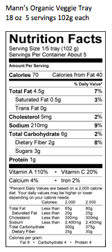 Mann's Organic Vegetable Tray 18 oz Nutrition Panel