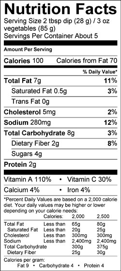 Mann's Vegetable Tray 18 oz Nutrition Panel