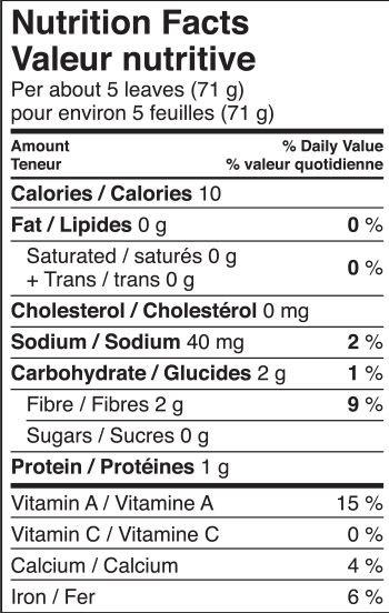 Mann's Better Burger Leaf Nutrition Panel