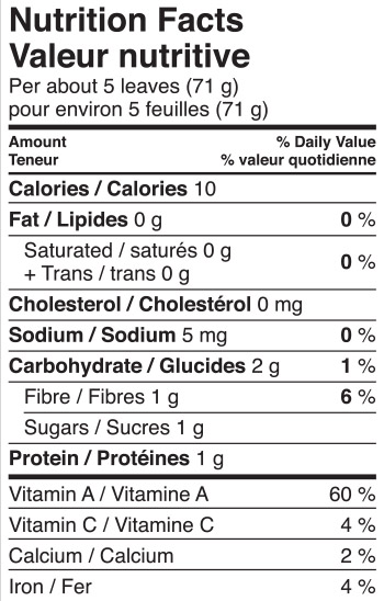 Mann's Better Romaine Leaf Nutrition Panel