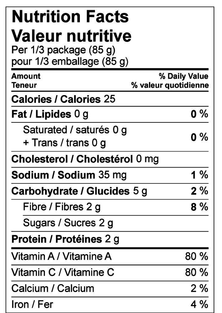 Mann's Organic Veg Medley Nutrition Panel