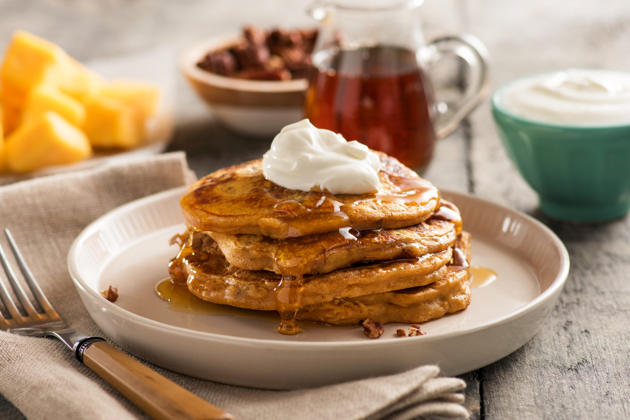 Butternut Squash Pancakes with Yogurt and Maple Syrup - Foodservice by Mann Packing