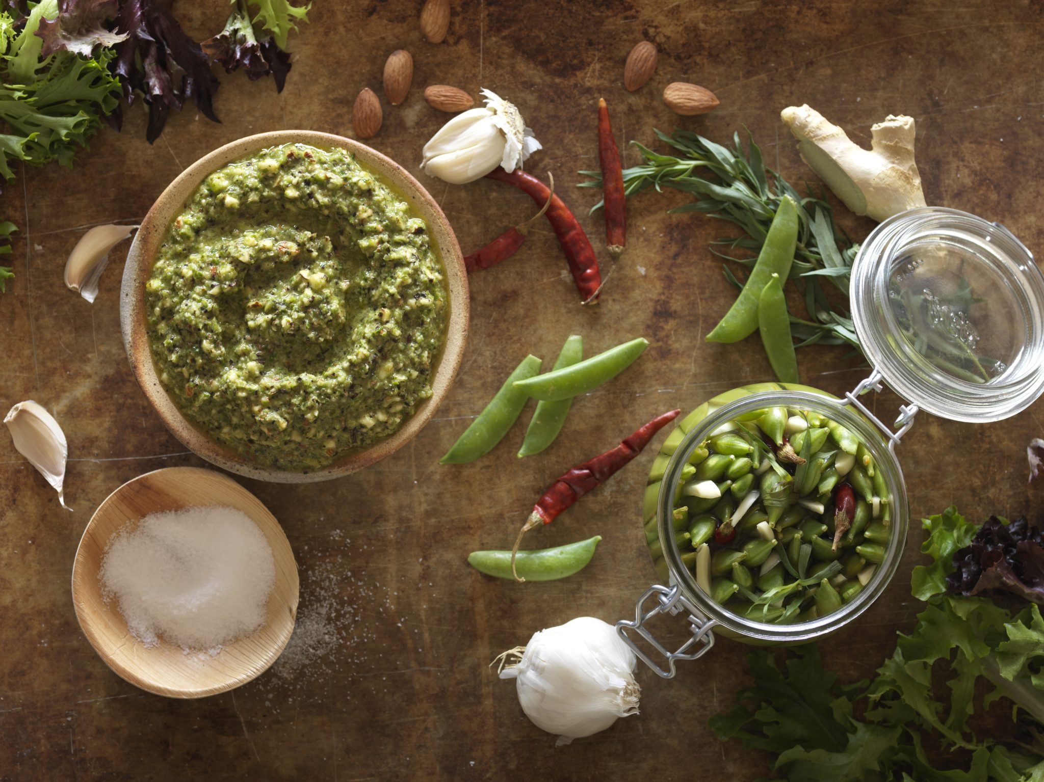 Pickled Sugar Snap Peas with Arcadian Harvest® Pesto - Foodservice by Mann Packing