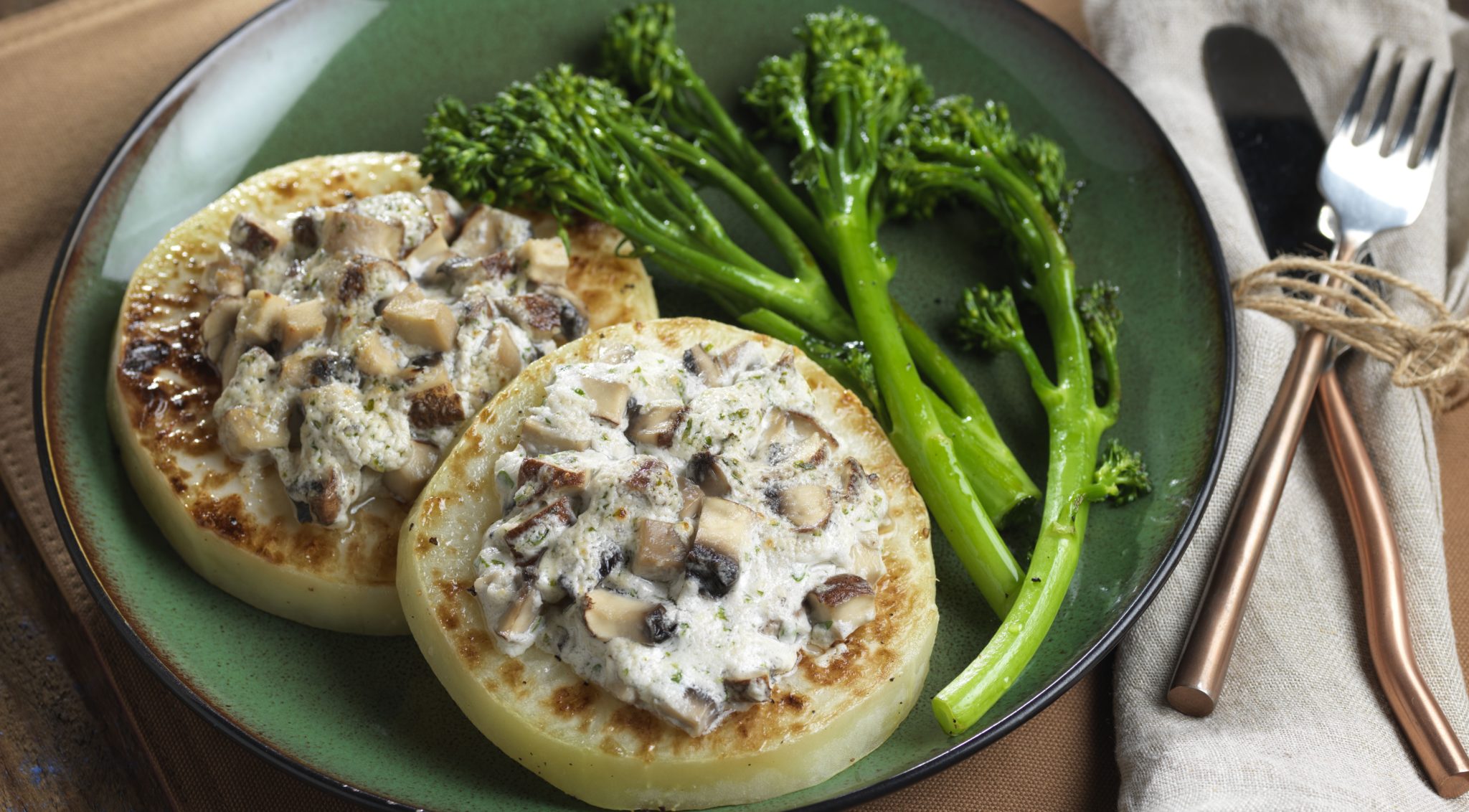 Buttered Kohlrabi Steak with Mushroom Goat Cheese Gratin and Grilled ...