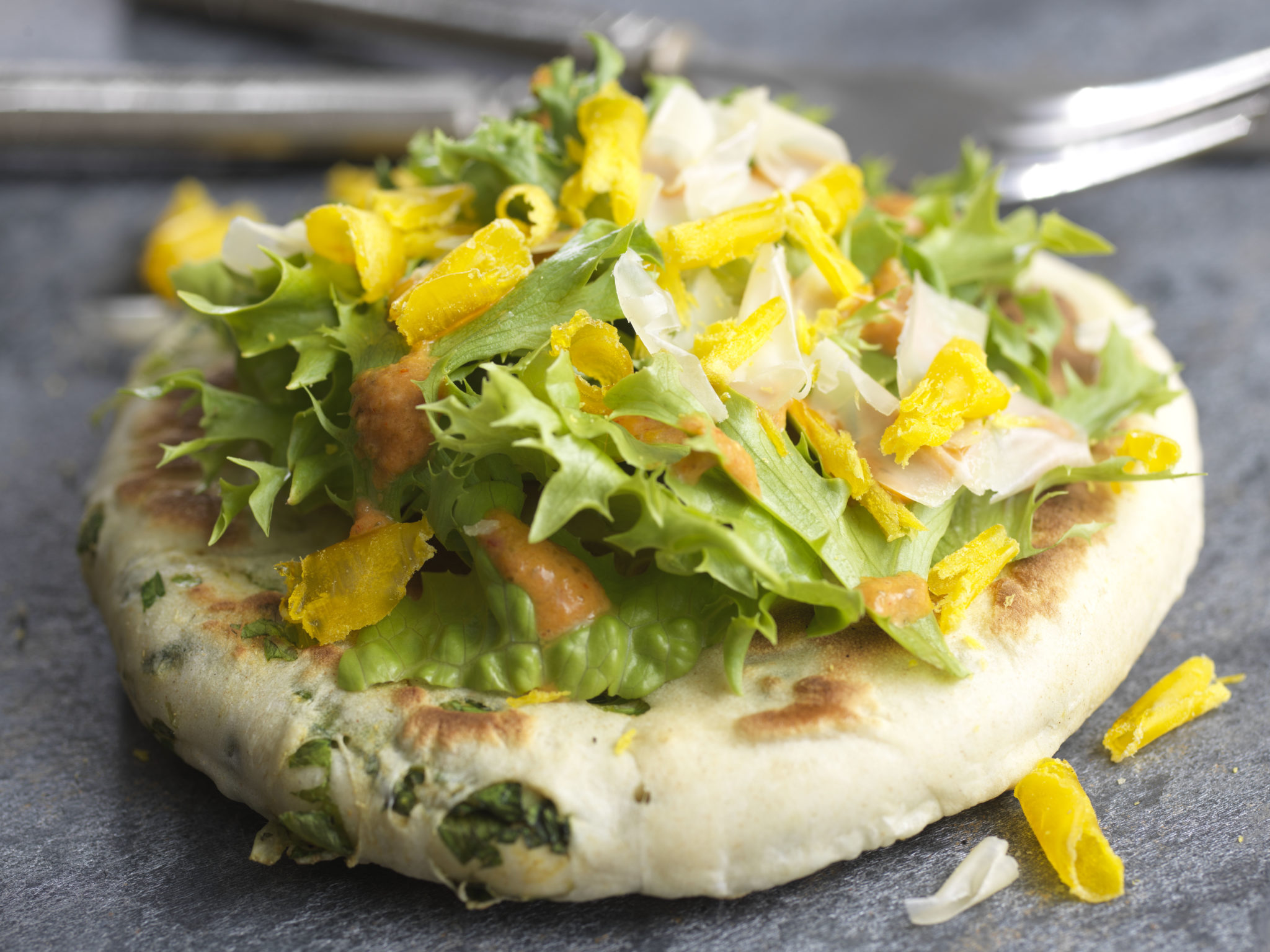 RomaBlend® Spiced Flatbread with Kimchi Dressing & Cured Egg Yolk - Foodservice by Mann Packing