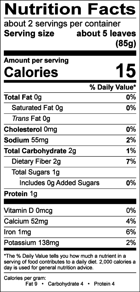 Fresh Leaf Farms Better Burger Leaf Nutrition Panel