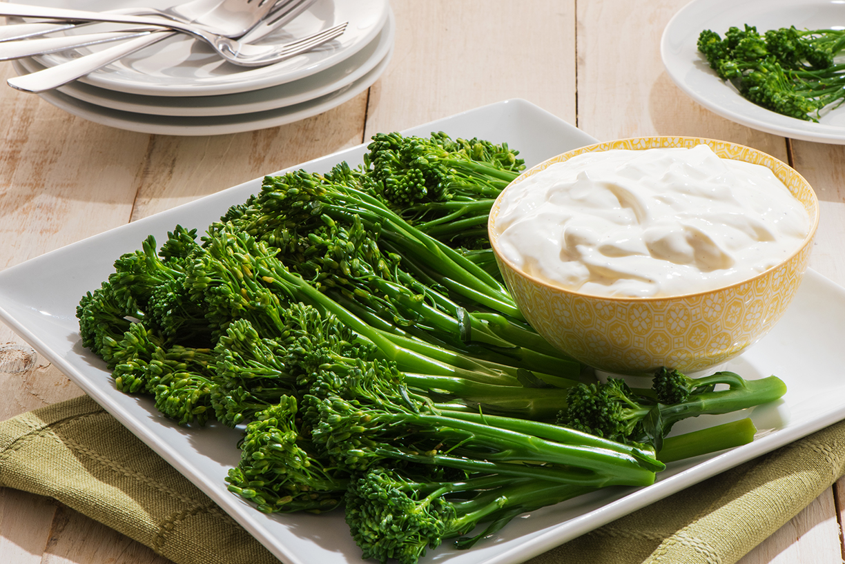 Chilled BROCCOLINI® baby broccoli with Lemon Pepper Dip Mann's Fresh