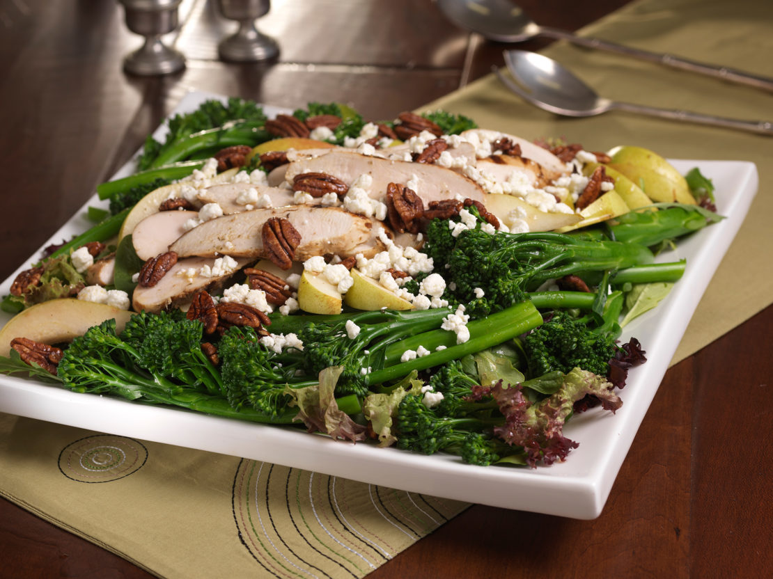 Grilled Chicken BROCCOLINI® baby broccoli Salad with Goat Cheese and Pecans - Mann's Fresh Vegetable