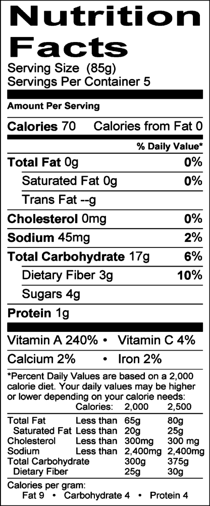 Mann's Sweet Potato Cubes 16 oz Nutrition Panel