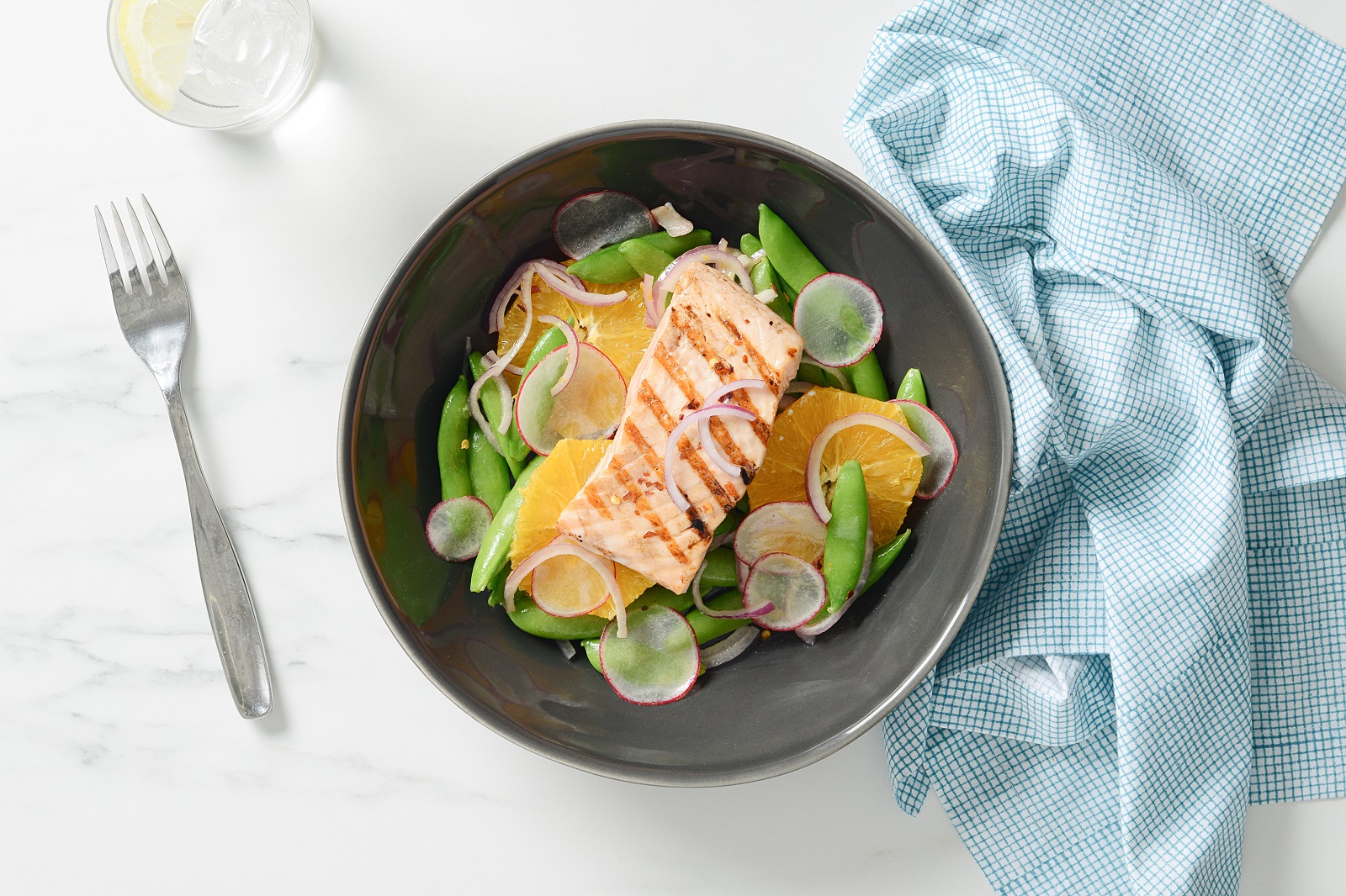 Snap Pea and Orange Salad with Grilled Salmon Mann's Fresh Vegetables