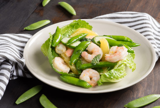 Citrus Shrimp Salad and Sugar Snap Peas with Romaine Hearts