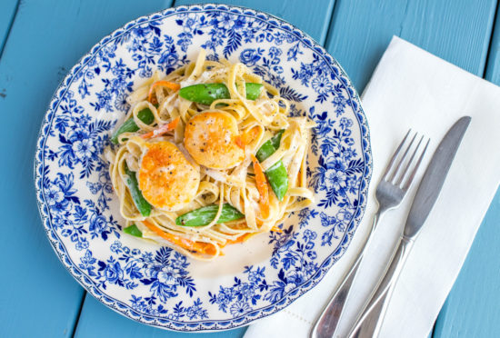 Scallop Fettuccine and Sugar Snap Peas - Horizontal Above view