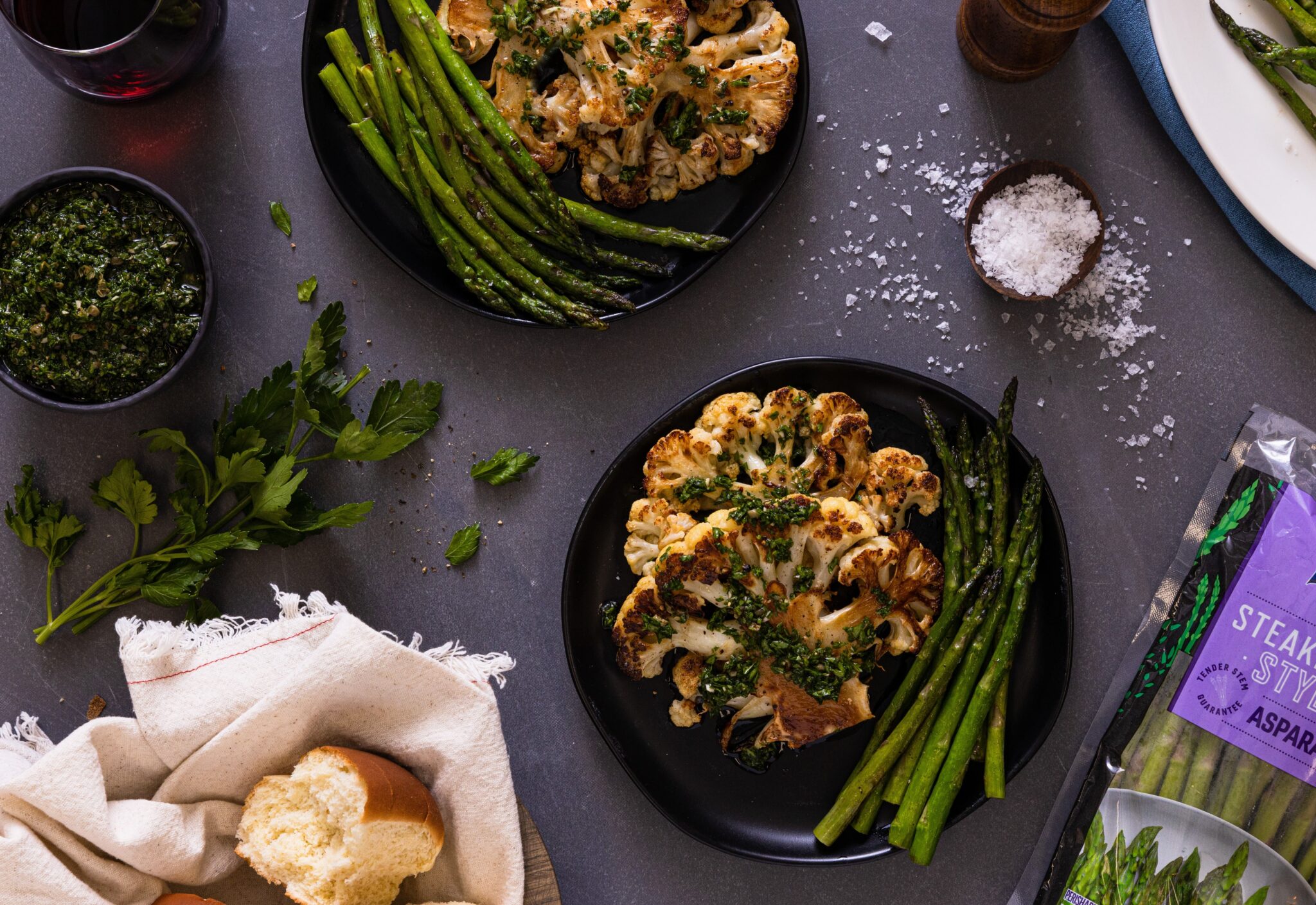 Seared Cauliflower Steaks with Salsa Verde and Blistered Asparagus
